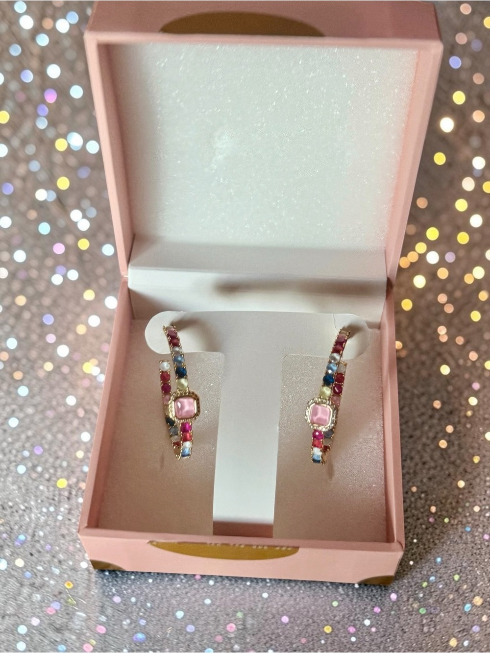 Bomb Party Gold-Tone Multicolor Gemstone Hoop Earrings with Pink Center